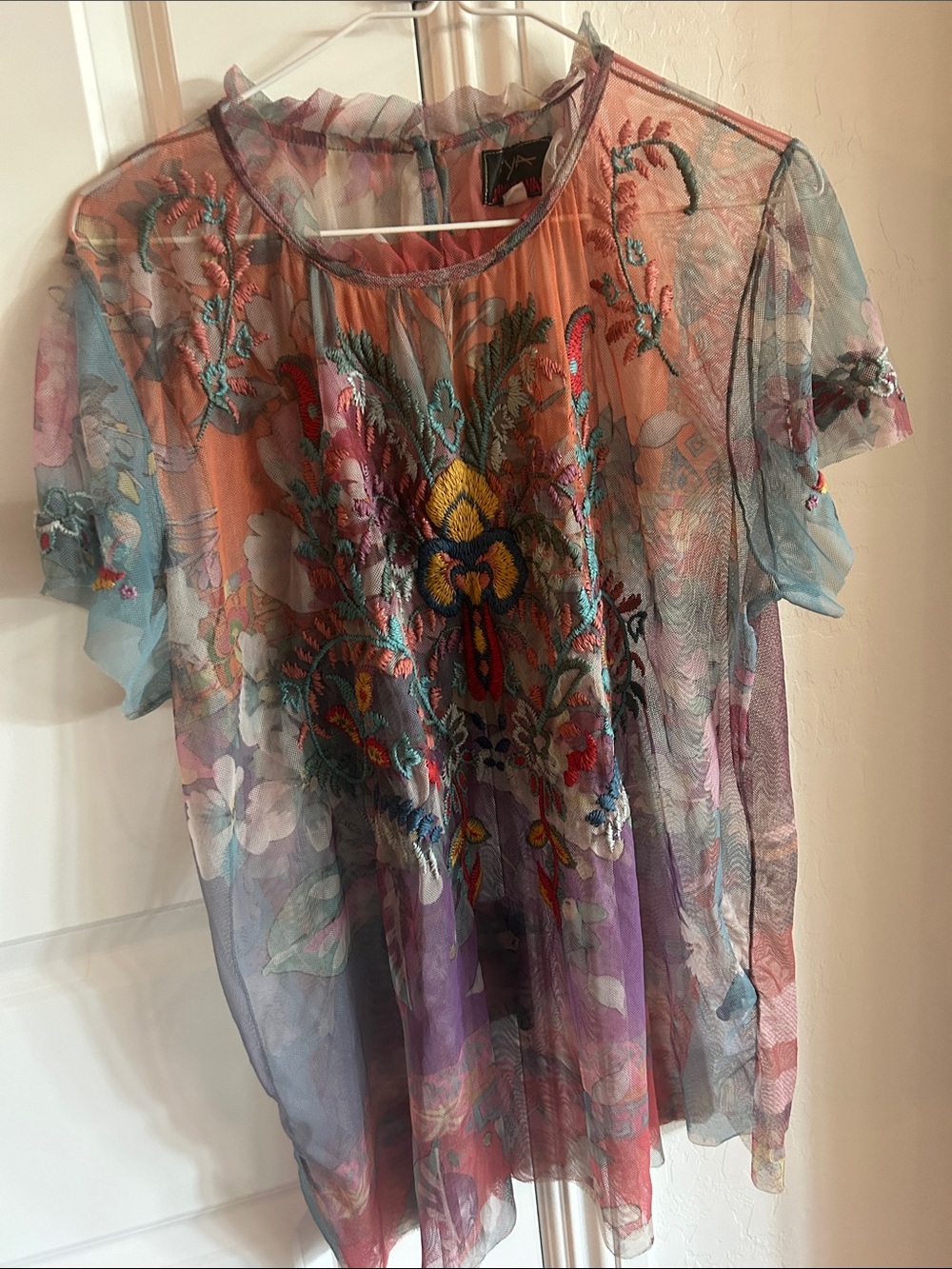 Johnny Was Sheer Embroidered Floral Blouse in Coral, Teal & Purple SZ XL